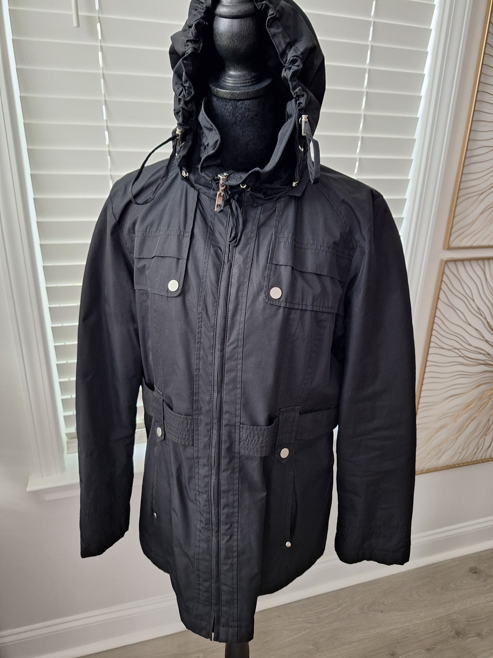 Womens Black Hooded Winter Jacket - Classic Field Coat